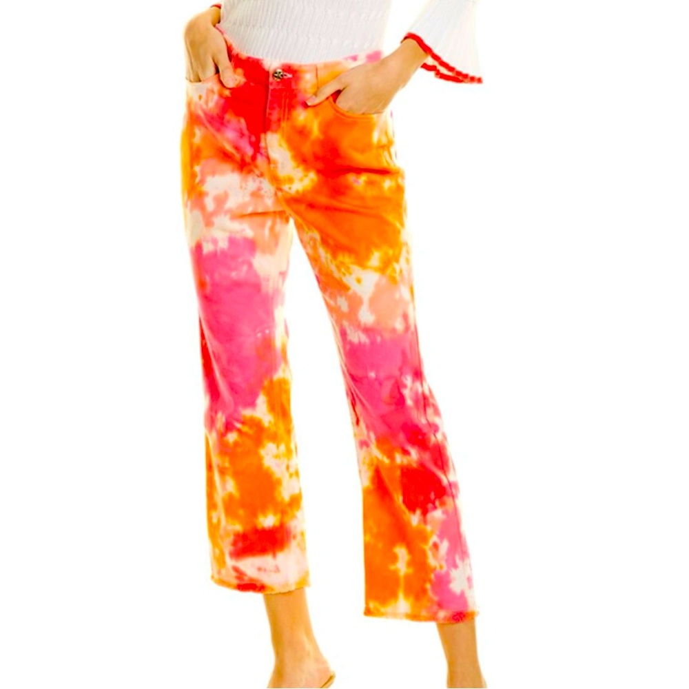 Trina Turk Tour Guide Jeans Pink Orange Tie Dye High Waist Cropped Straight Pant